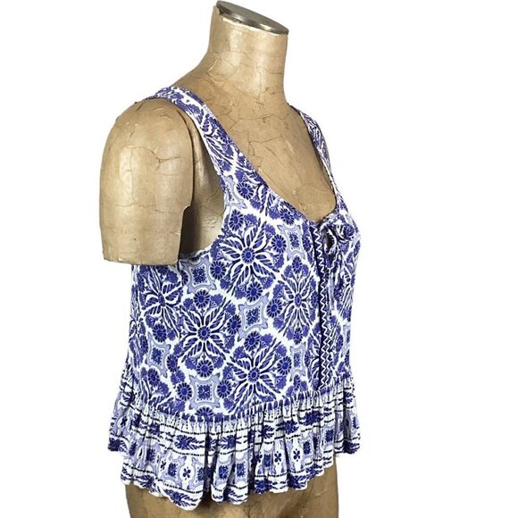 Patrons of Peace Sleeveless Ruffle Hem Embroidered Tank Top Sz S Blue White 238F - Picture 2 of 7